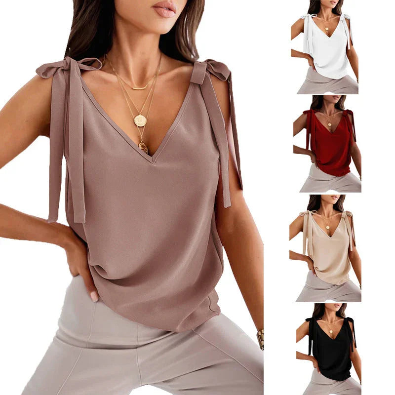 Shoulder Lace-up Bow Suspenders Vest Women's Sweet V-neck Top - VAleG