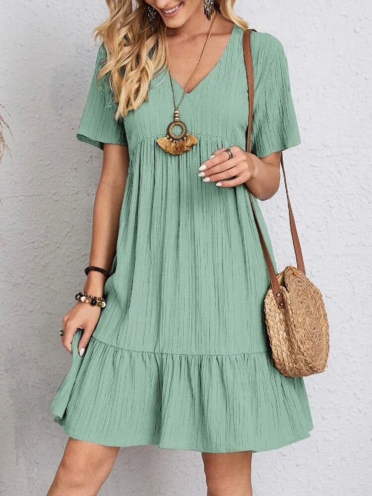 V-neck Short Sleeve Dress Summer Fashion Casual Loose Ruffled Dresses Beach Clothing Women - VAleG