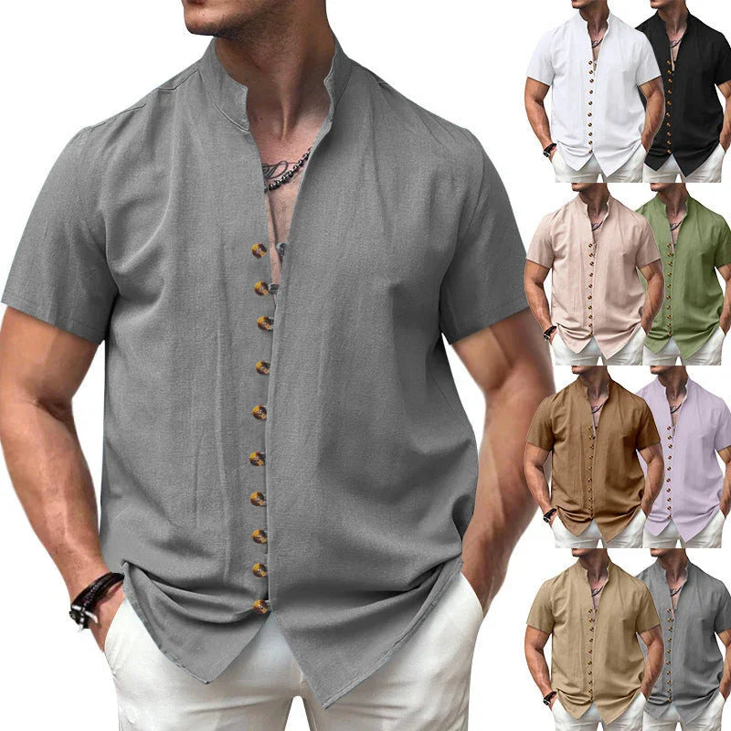 Linen Button Stand Collar Short Sleeve Shirt - VAleG