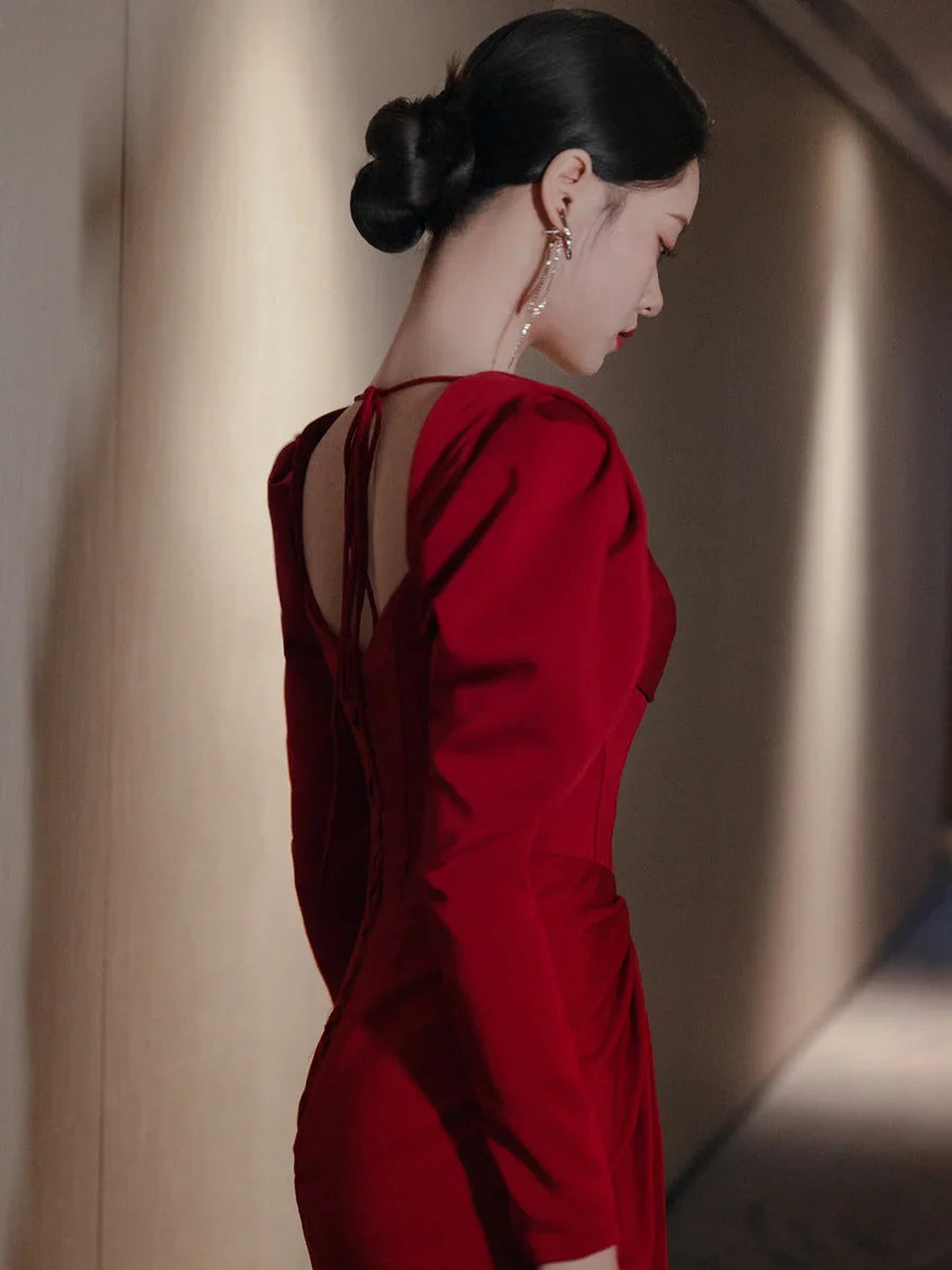 Bride Fishtail Square Collar Long Sleeve Design Simple Satin Evening Dress - VAleG