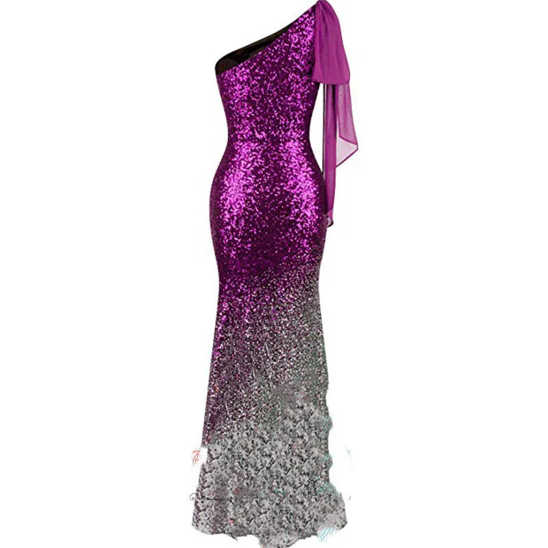 One Shoulder Fishtail Sequin Slim Fit Evening Dress - VAleG