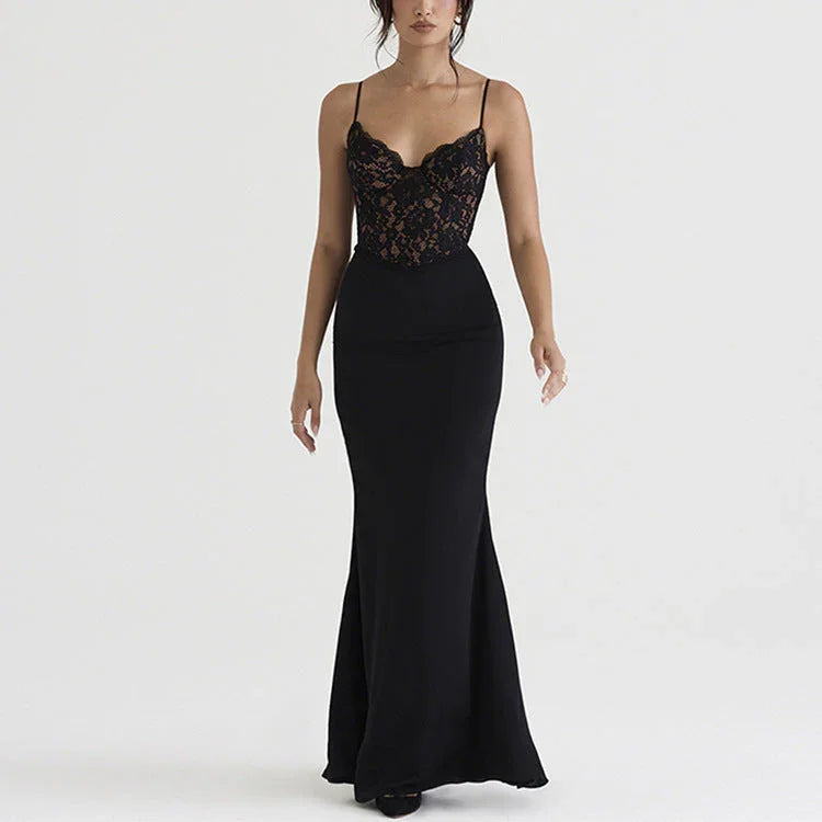 Lace High Waist Long Dress Deep V Strap Fishtail Gown - VAleG