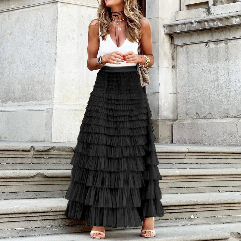 Layered Ruffles Cake Skirt Summer Fashion A Line Swing Mesh Long Skirt Party Dress Women - VAleG