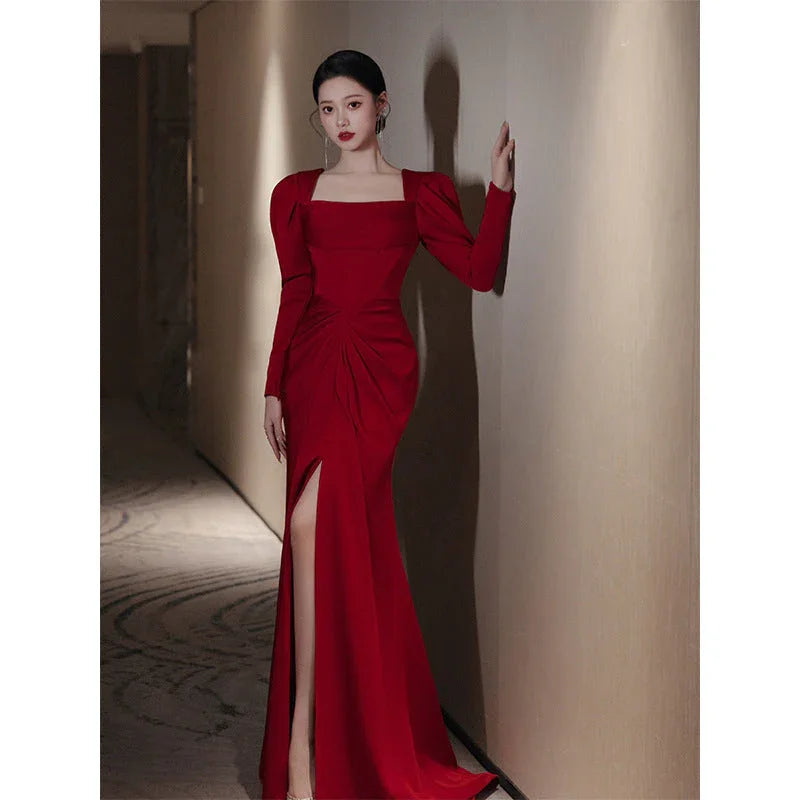 Bride Fishtail Square Collar Long Sleeve Design Simple Satin Evening Dress - VAleG