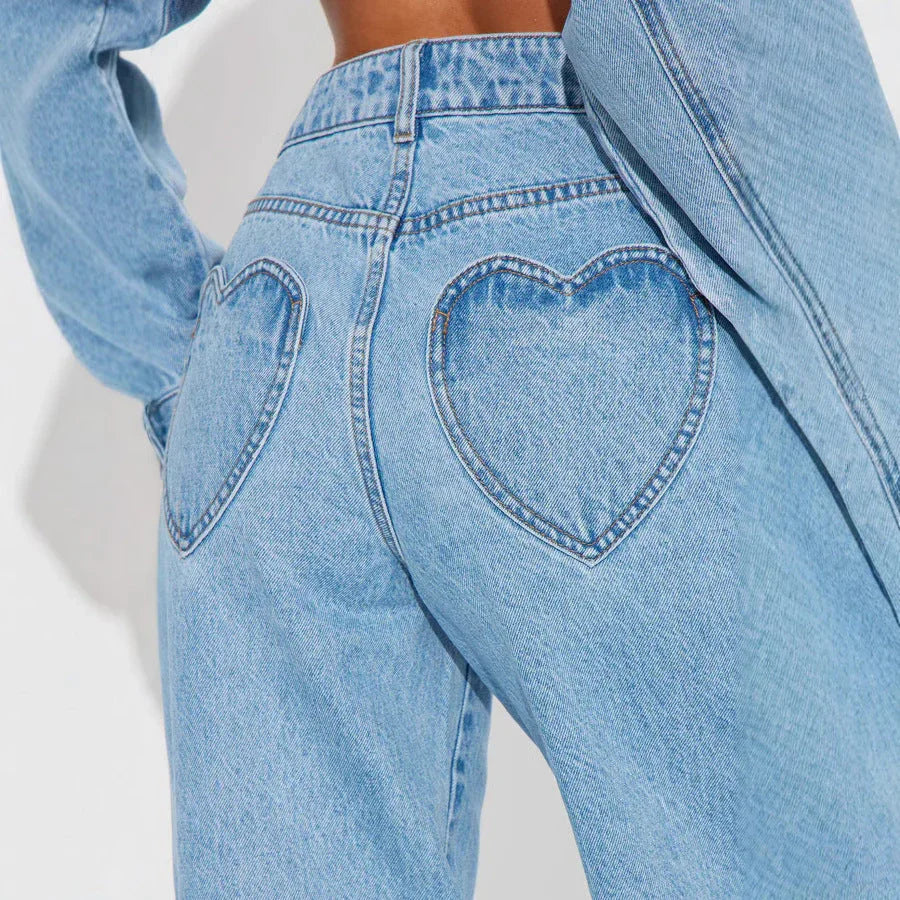 Straight Slimming Trousers Love Pocket High Waist Loose Jeans - VAleG