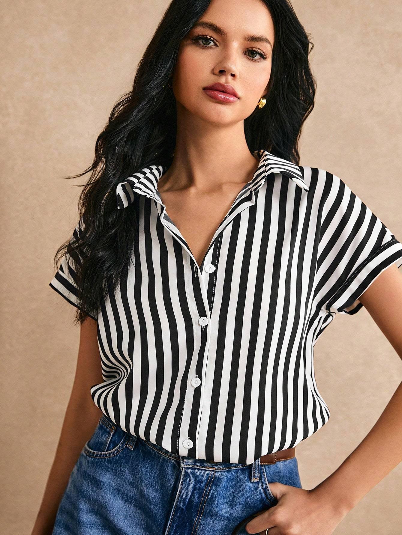 Chemise Rayures Manches Chauve-Souris Bouton - VAleG