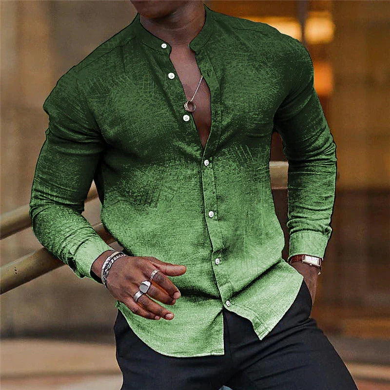 Gradient Men's Casual Long Sleeve Stand Collar Shirt - VAleG