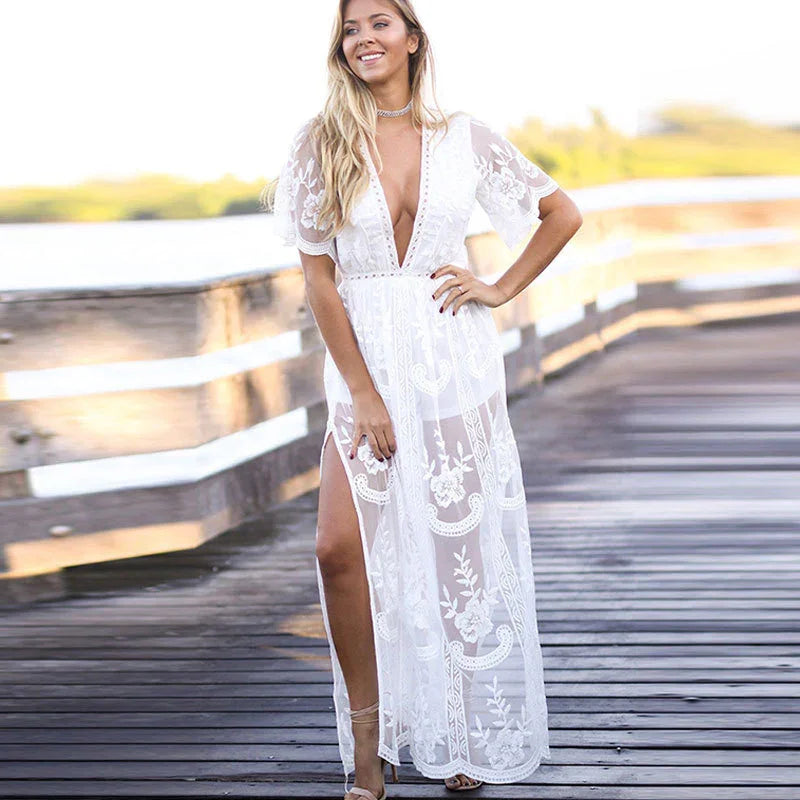 Deep V-neck Short Sleeve Lace Perspective Tight-Sleeve Dress Maxi Dress - VAleG