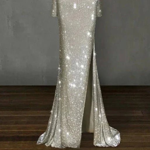 Europe and the United States one shoulder asymmetric sparkling crystal long dress skirt dress - VAleG