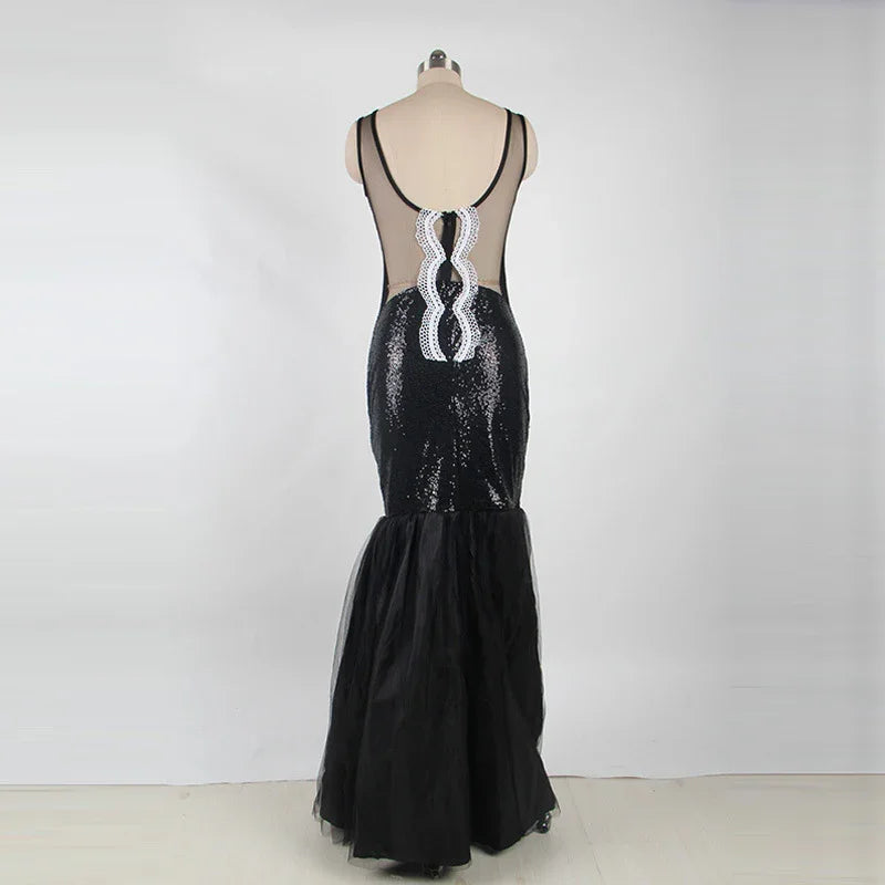Europe and America long skirt sexy sleeveless sequin mesh stitching banquet evening dress dew backpack hip fishtail mopping dress - VAleG