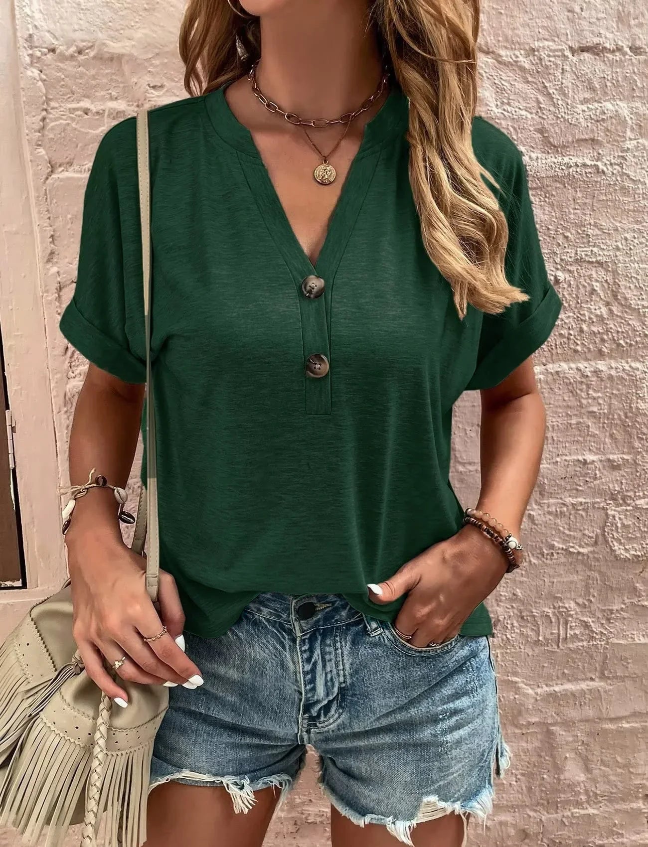 European And American Spring And Summer Solid Color Button Fashion T-shirt - VAleG
