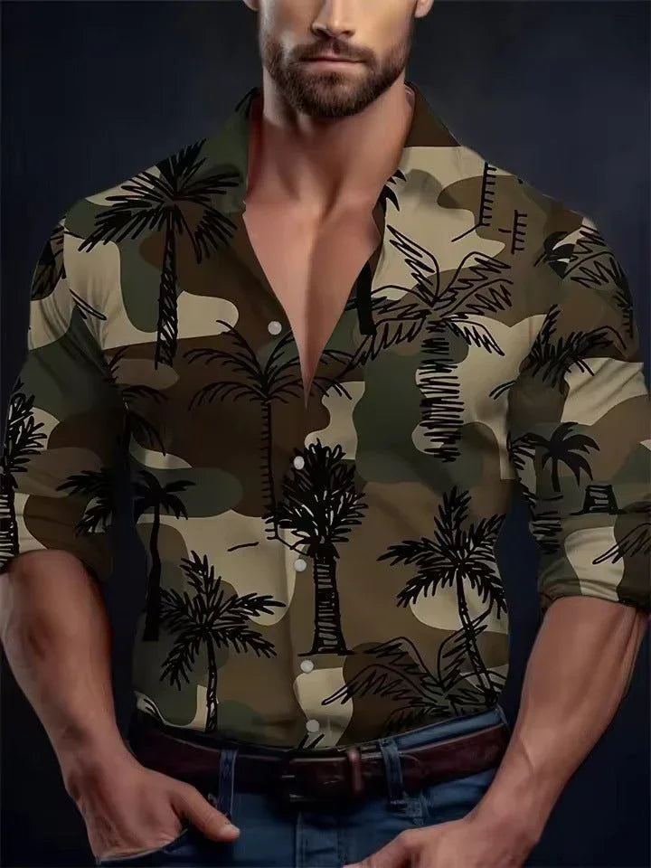 Men's Long Sleeve Shirt Palm Tree And Striped Printed Shirt Everyday Fashion Men's Casual Shirt - VAleG
