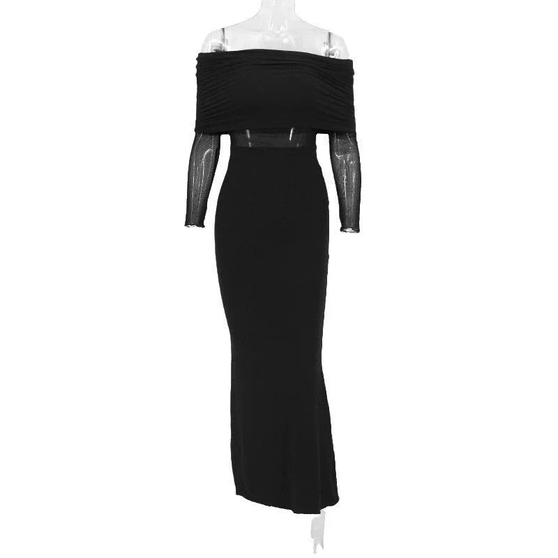Women's Winter Sexy Off-the-shoulder Pleated Long Sleeve Polyester Dress - VAleG
