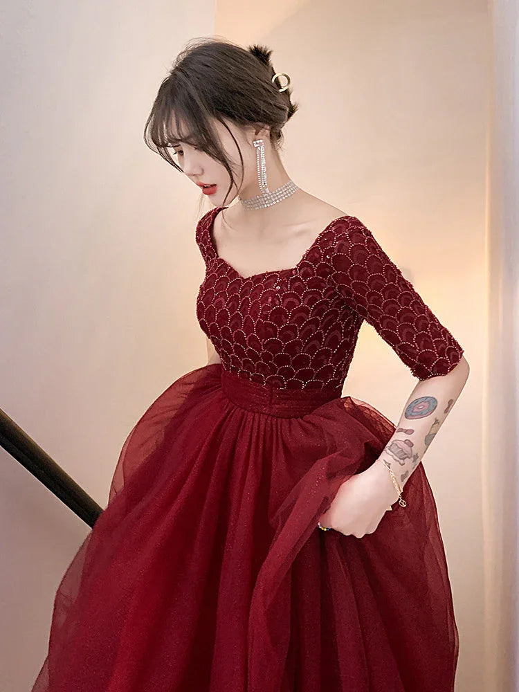 Wine Red Engagement Back Door Evening Dress Female Long Sleeve - VAleG