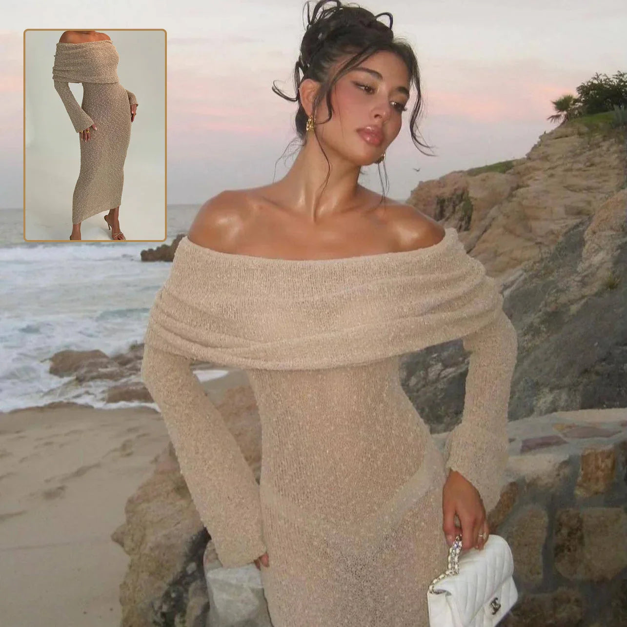 New One-shoulder Knitted Long-sleeved Dress Sexy Beach Holiday Long Dresses Womens Clothing - VAleG