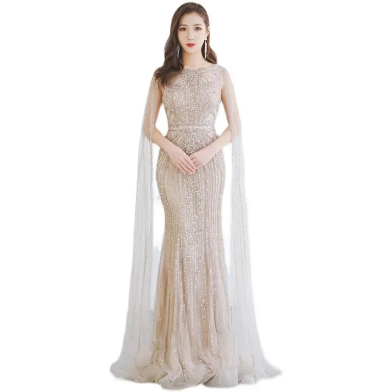 Fishtail Zipper Floating Sleeve Long Host Dress - VAleG