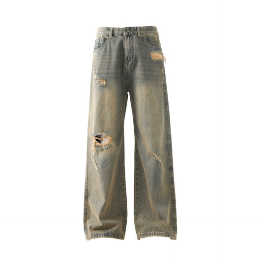 Retro Washed Ripped Jeans Loose Straight Casual Trousers VAleG
