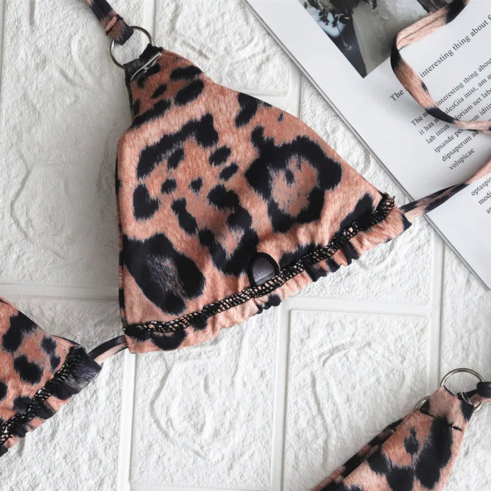 Swimsuit Leopard Print Split Metal Ring Sexy Swimsuit - VAleG