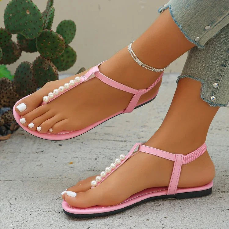 Pearl Thong Sandals Summer Fashion T-Strap Flat Sandals With Elastic Band Beach Shoes For Women - VAleG