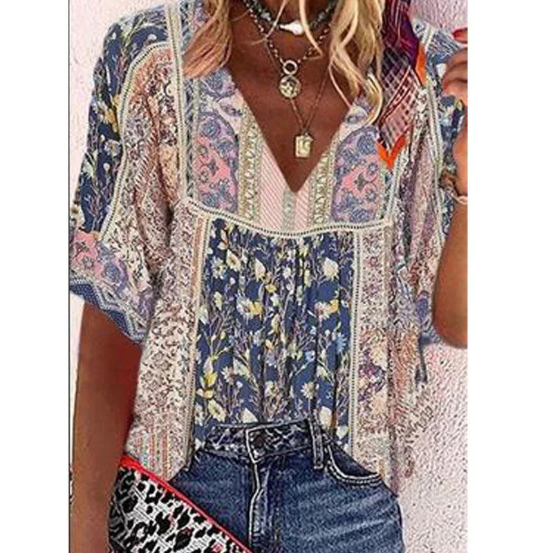 European And American Women's New Printed V-neck Loose T-shirt - VAleG