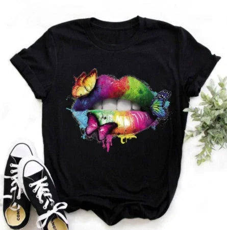 Leopard Print Love Lip Print Fashion Western Style Summer Ladies Print Short-sleeved T-shirt Top - VAleG