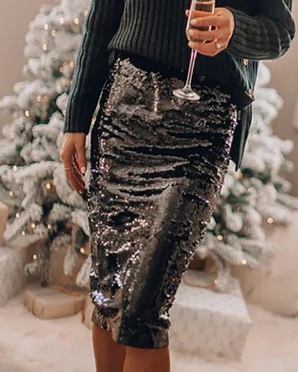 Sequined Glittering Bag Hip A Line Skirt - VAleG