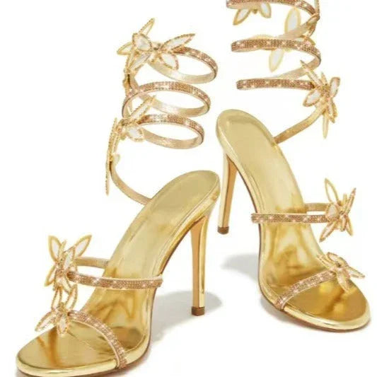 Sexy Fashion Rhinestone Shiny Butterfly Stiletto Heel Stiletto Strap Winding Sandals - VAleG
