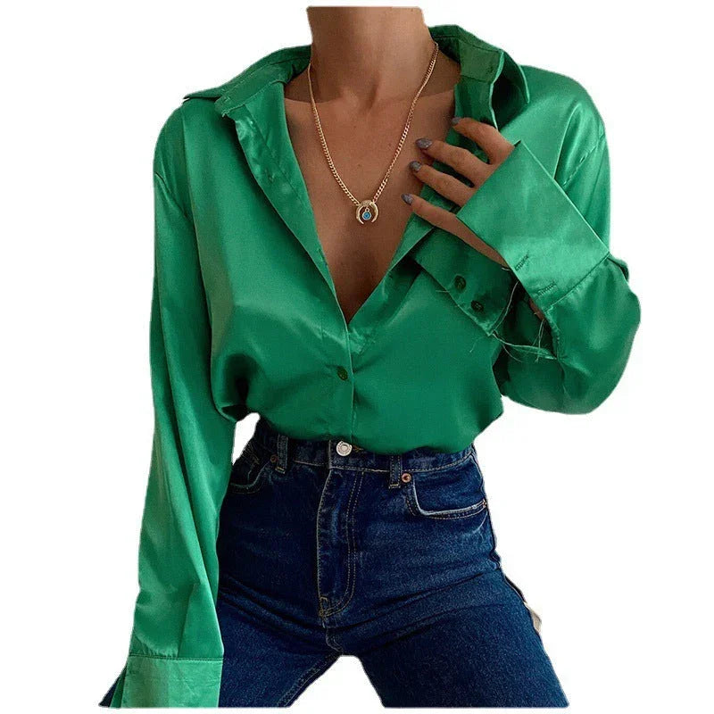 Autumn Cotton Long Sleeve Solid Color Polo Collar Single-breasted Shirt - VAleG