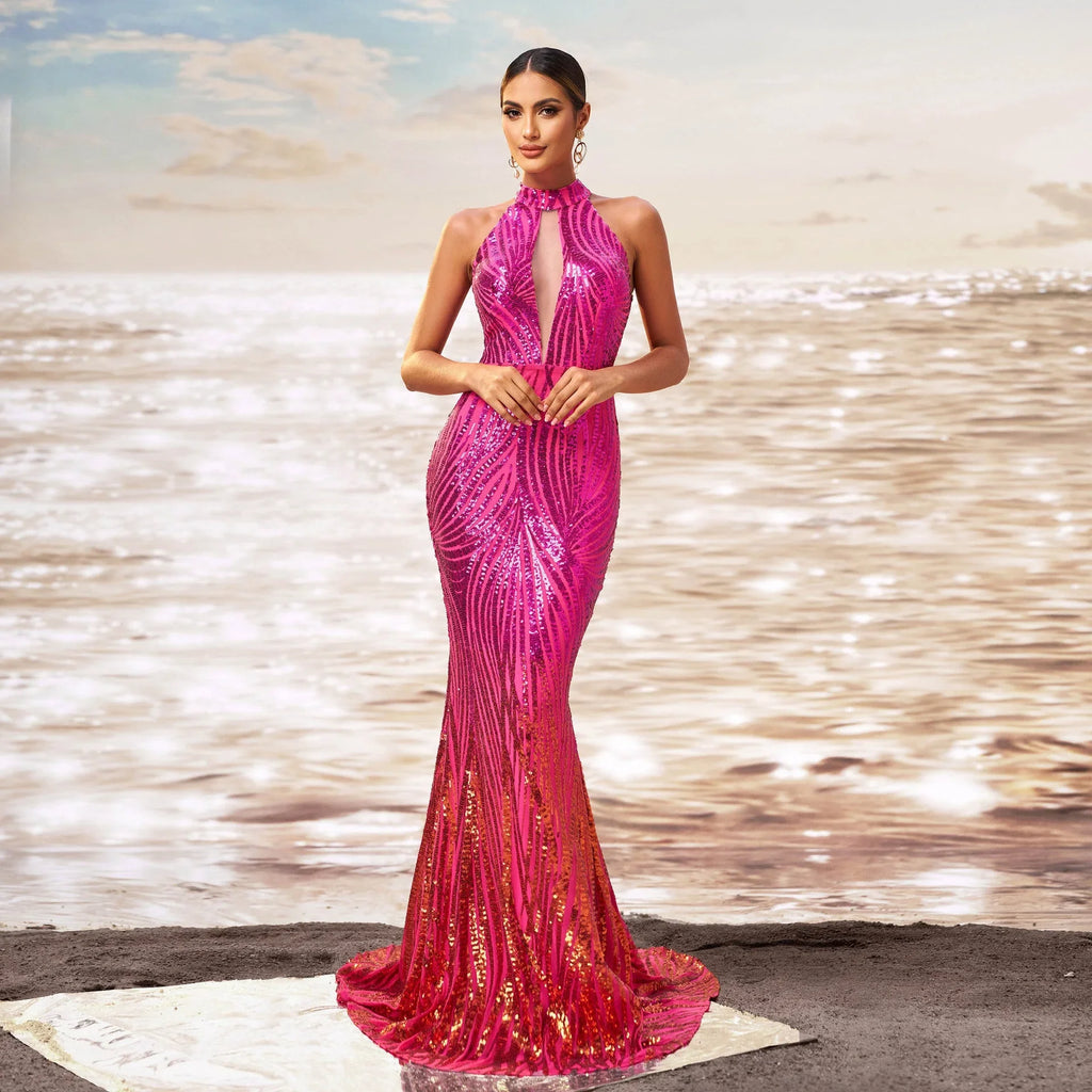 Round Neck Off-the-shoulder Slim-fit Sheath Sequined Banquet Fishtail Evening Dress - VAleG
