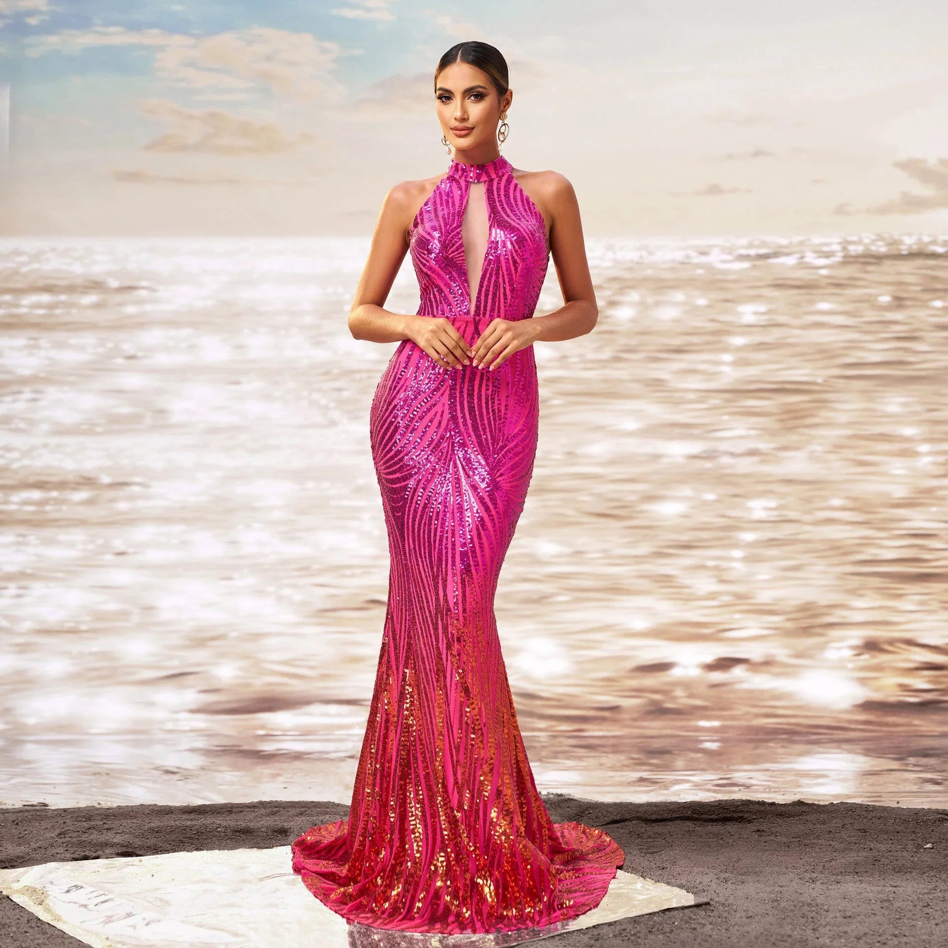 Round Neck Off-the-shoulder Slim-fit Sheath Sequined Banquet Fishtail Evening Dress - VAleG