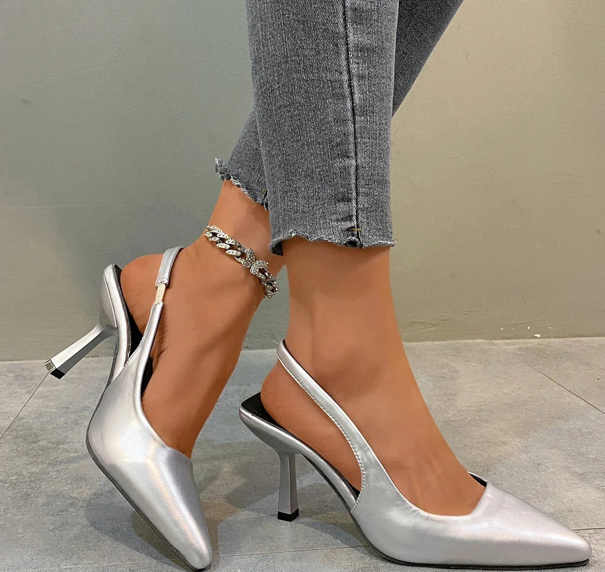 Women's Stiletto Pointed White Back Strap Shoes Slim-fit Strap High Heels - VAleG