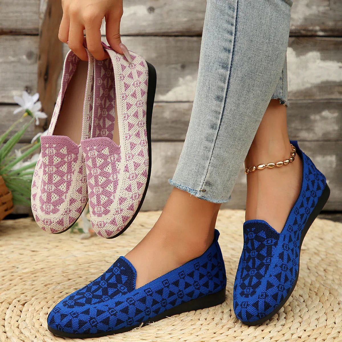 Printed Round Toe Flat Shoes Fashion Casual Hollow Breathable Knitted Shoes Loafers For Women - VAleG