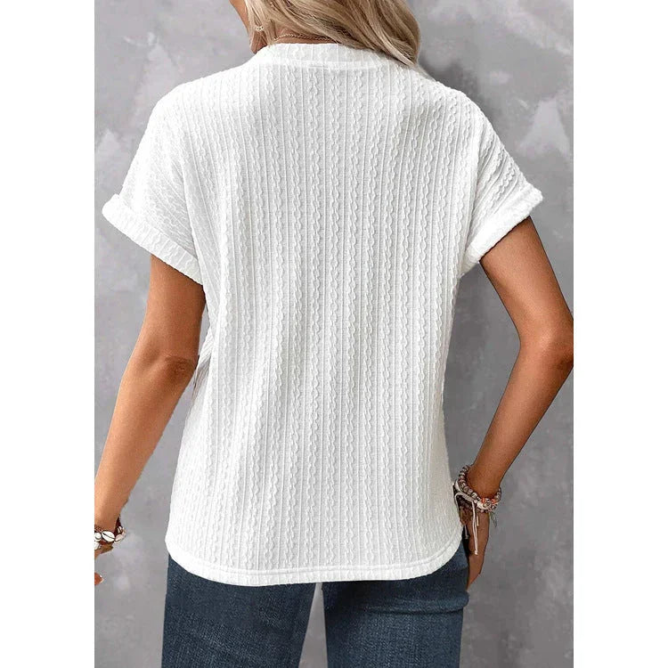 Women's Batwing Sleeve Solid Color And V-neck Button T-shirt - VAleG