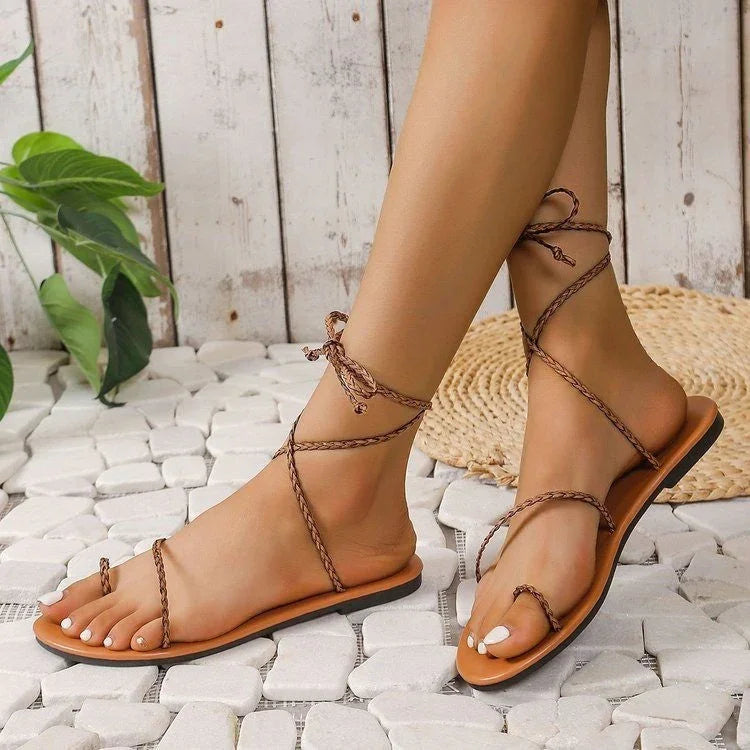 Summer Solid Color Round Head Style Winding Tape Casual Platform Women's Plus Size Toe Ring Sandals - VAleG