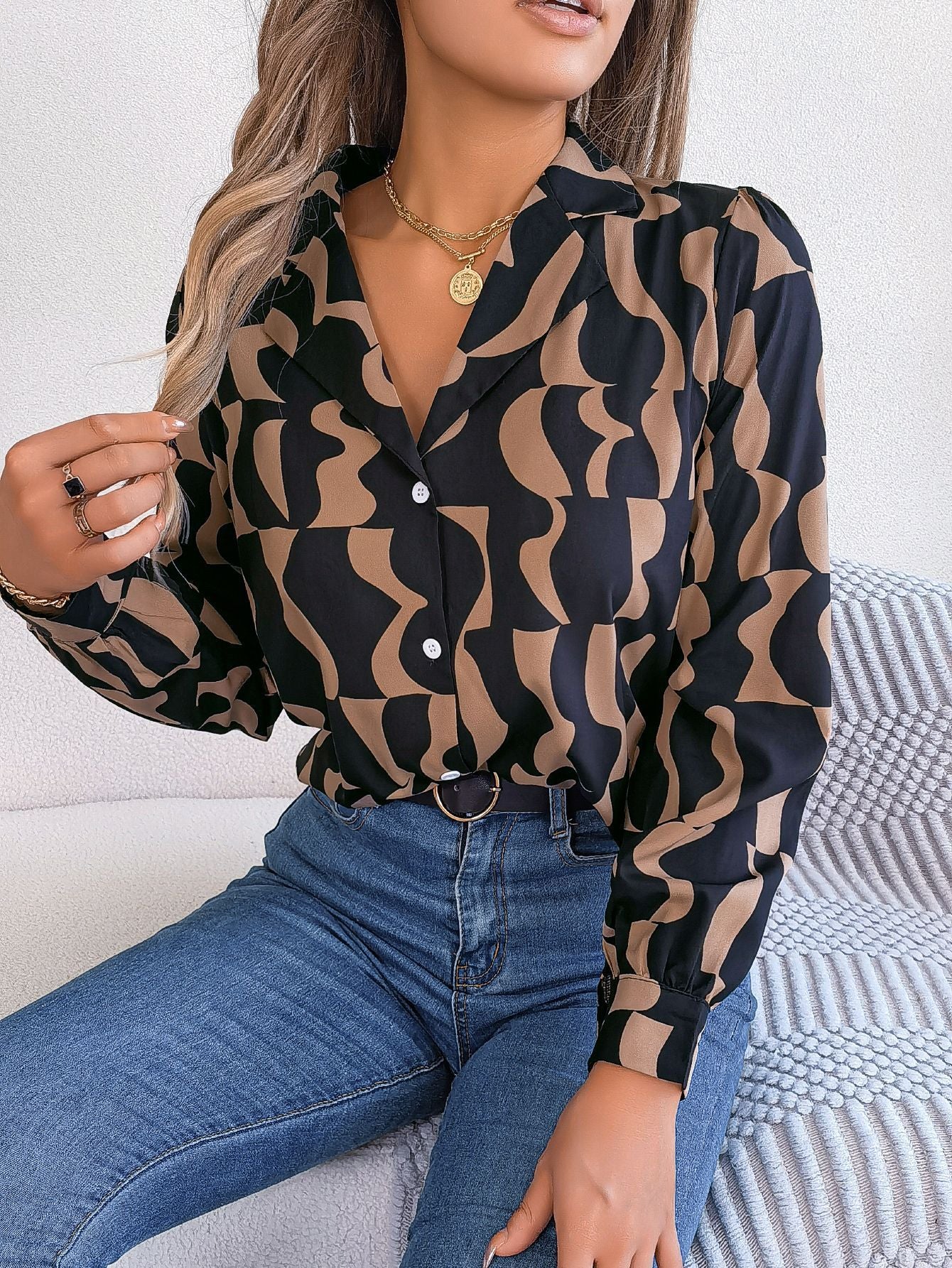 Commuting Elegant Contrast Color Striped Suit Collar Long Sleeve Shirt VAleG
