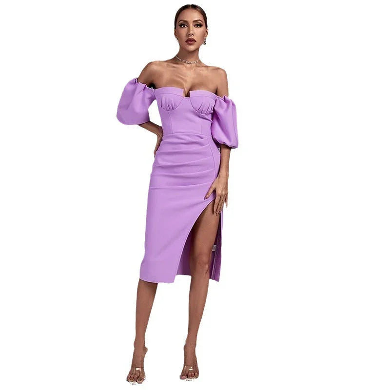 Women's Solid Color Lantern Sleeve Bandage Dress - VAleG
