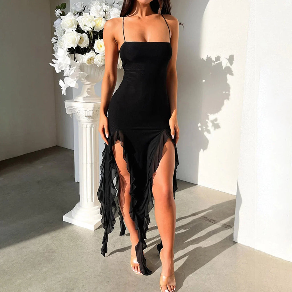 Sexy Suspender Tight Slim Skirt Fashion Split Ruffle Design Dress Summer Womens Clothing - VAleG