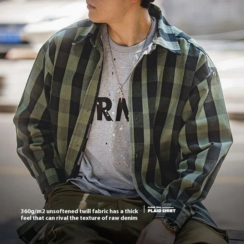 American Retro Plaid Loose Shirt Coat Men - VAleG