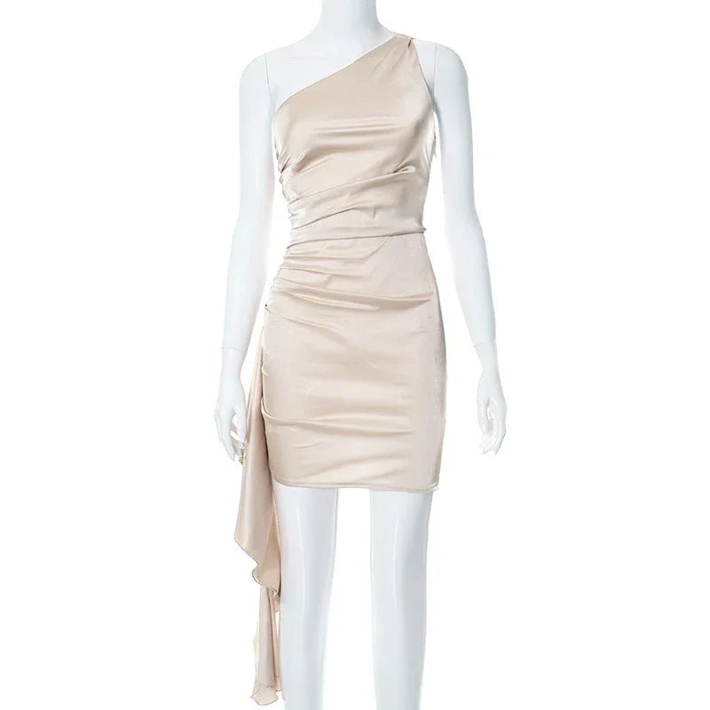 One-shoulder Sleeveless Mini Dress Sexy Slim Backless Skirt Party Wedding Dresses Womens Clothing - VAleG