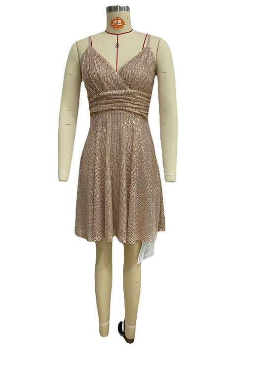Autumn And Winter New Women's Sexy Gorgeous Sequined Dress Pleated Cross Strap Vacation Style Dress - VAleG