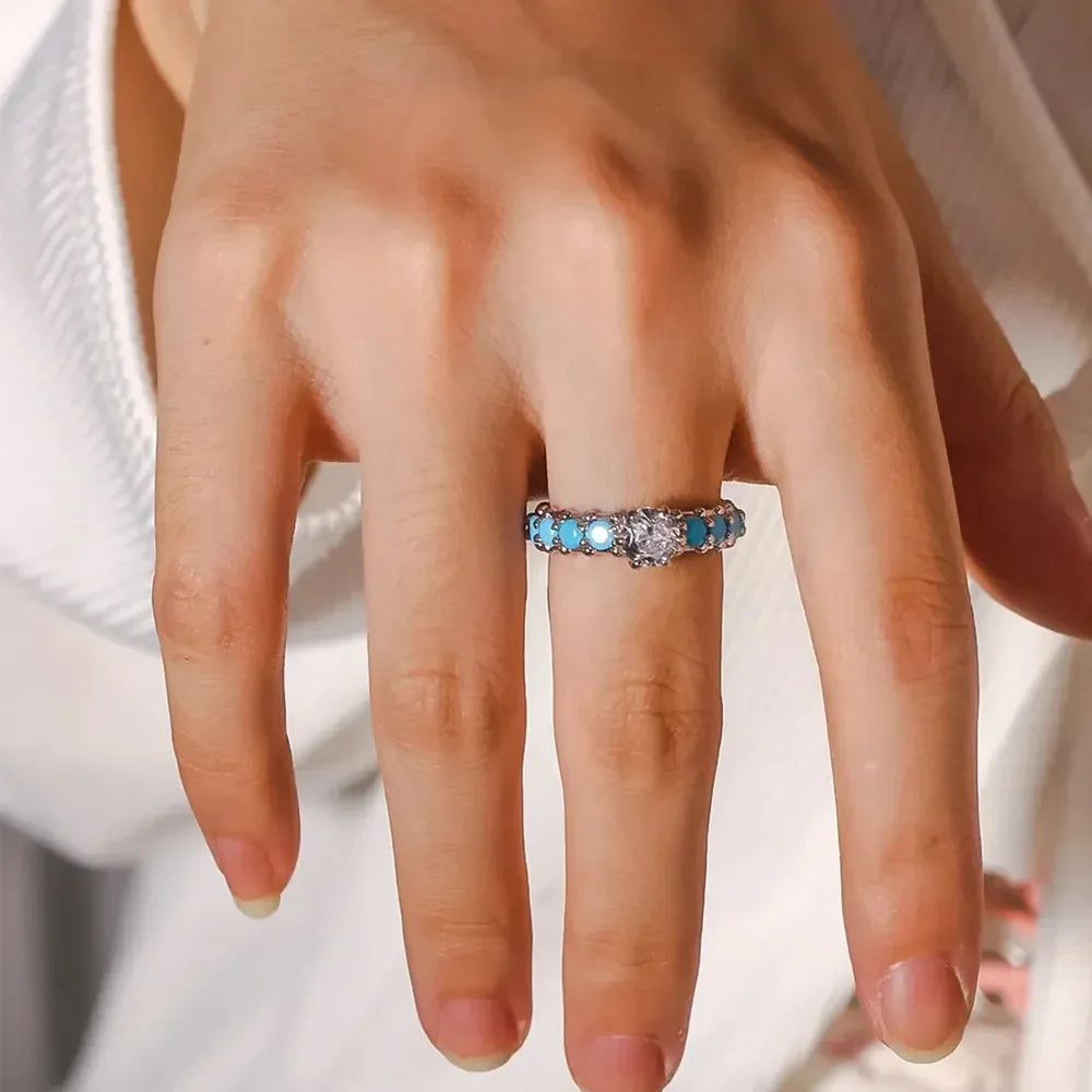 Inlaid Turquoise Zircon 925 Sterling Silver Ring - VAleG