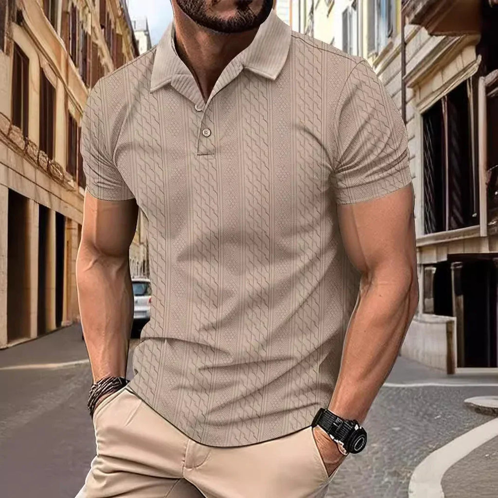 Simple Fashion Solid Color Polo Collar Men's Button Jacquard Short Sleeve - VAleG