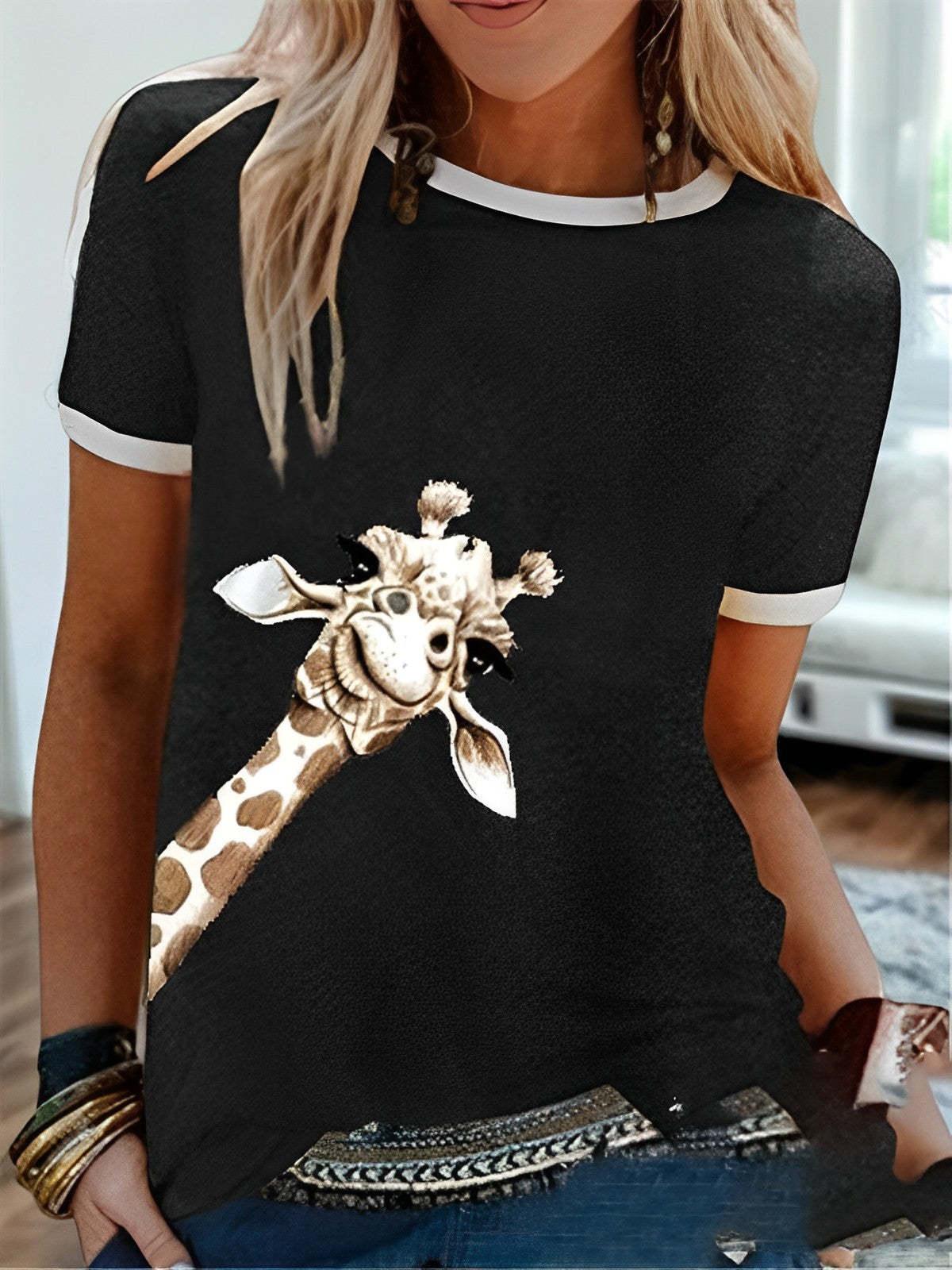 Foreign Trade Supply New European And American Fashion Giraffe Print Solid Color Short Sleeve Crew Neck T-shirt Top F2R348 - VAleG