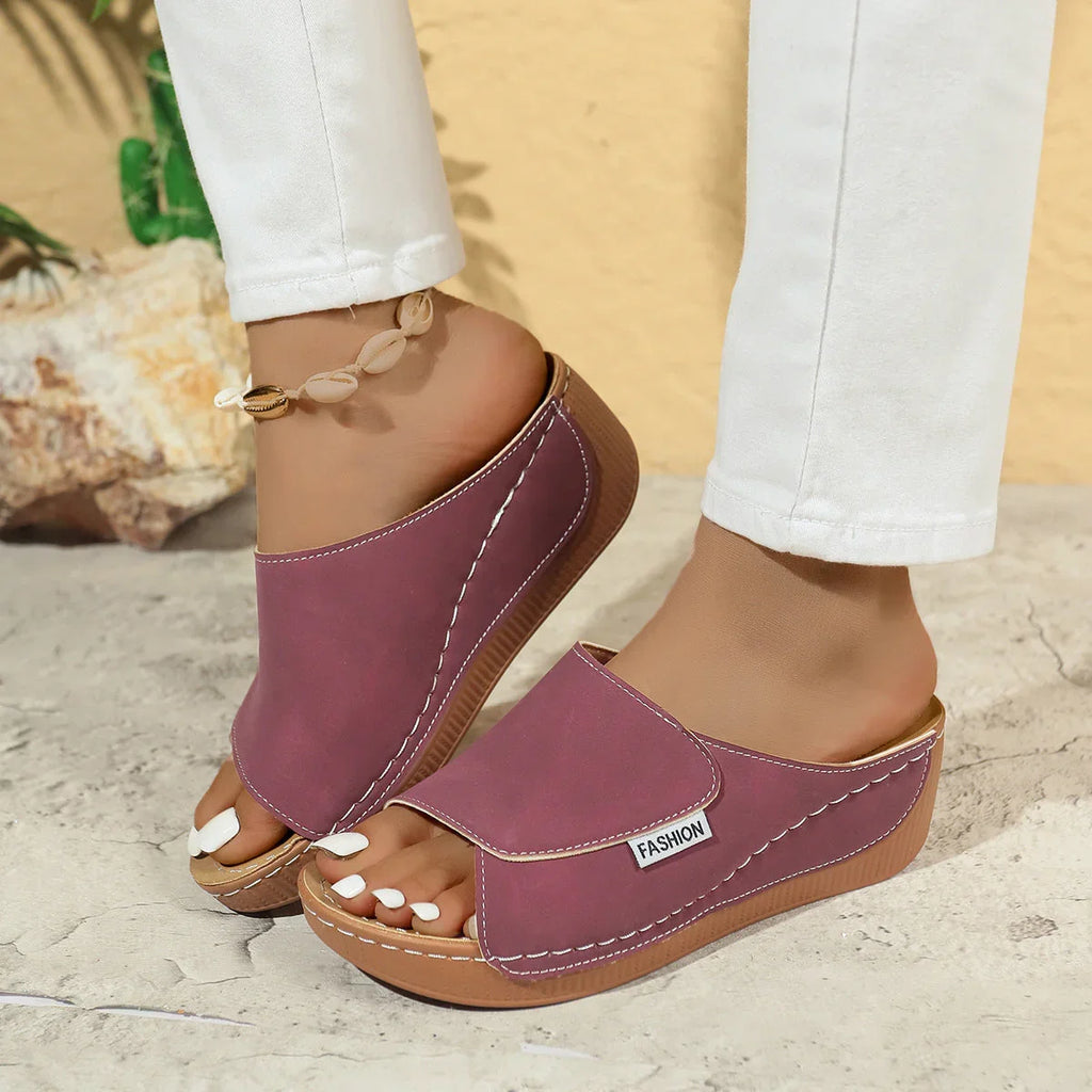 Summer Wedge Slides Slippers Fashion Fish Mouth Thick Bottom Roman Shoes Solid Color Beach Sandals For Women - VAleG