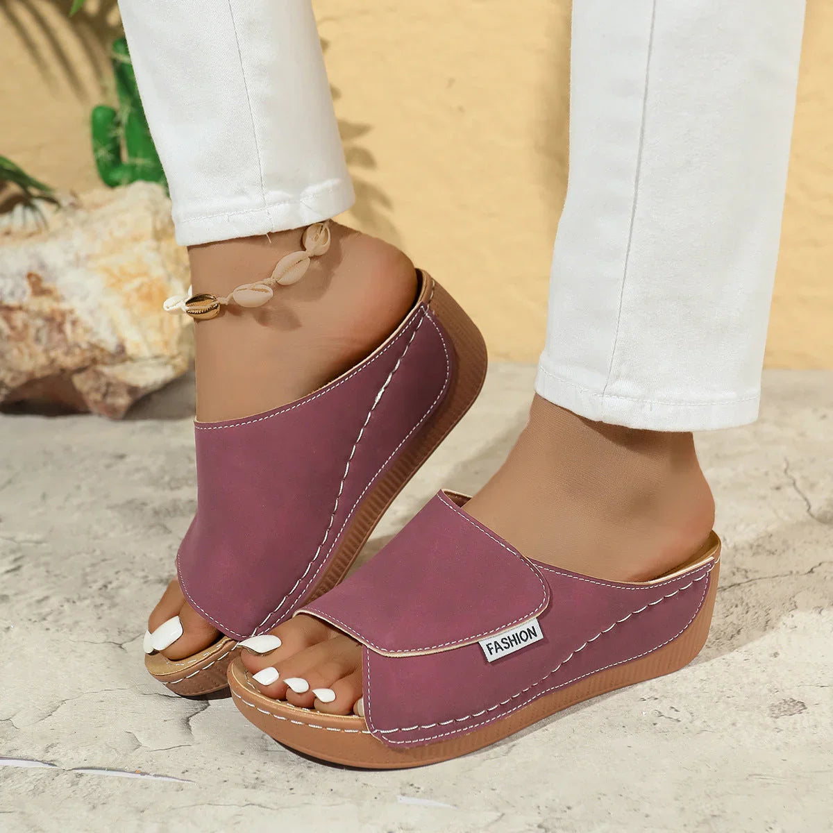 Summer Wedge Slides Slippers Fashion Fish Mouth Thick Bottom Roman Shoes Solid Color Beach Sandals For Women - VAleG