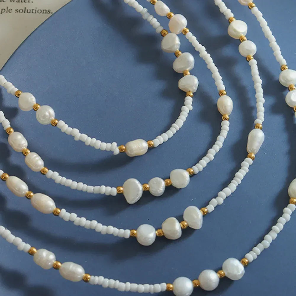Titanium Steel Glass Bead Pearl Necklace - VAleG