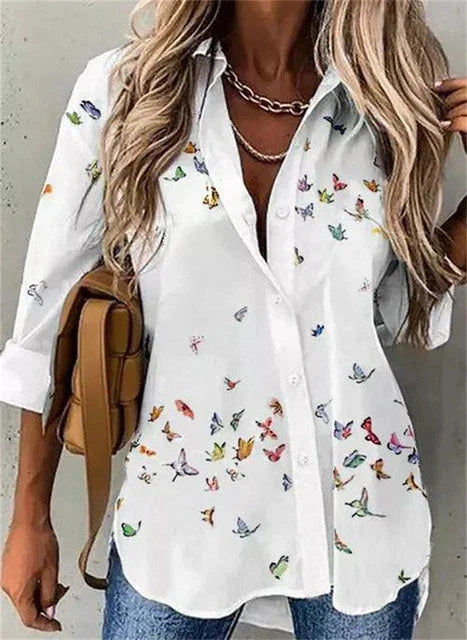 Women's Loose Flower Print Long-sleeved Shirt - VAleG
