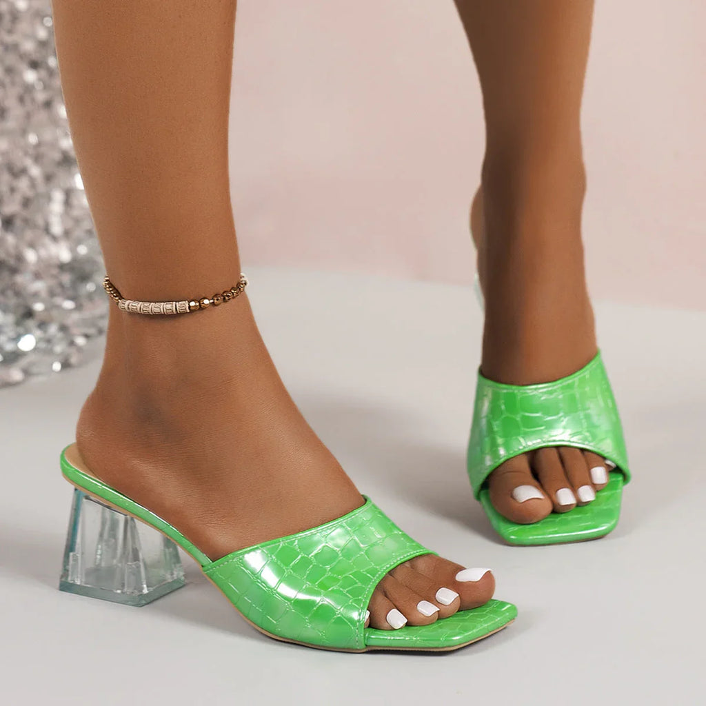 Square-toed High-heeled Slides Slippers Summer Fashion Transparent Crystal Square-heeled Sandals For Women Shoes - VAleG