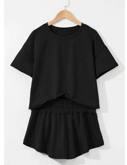 Black 2pcs Cropped Tee And Ruffle High Waist Skort Set - VAleG
