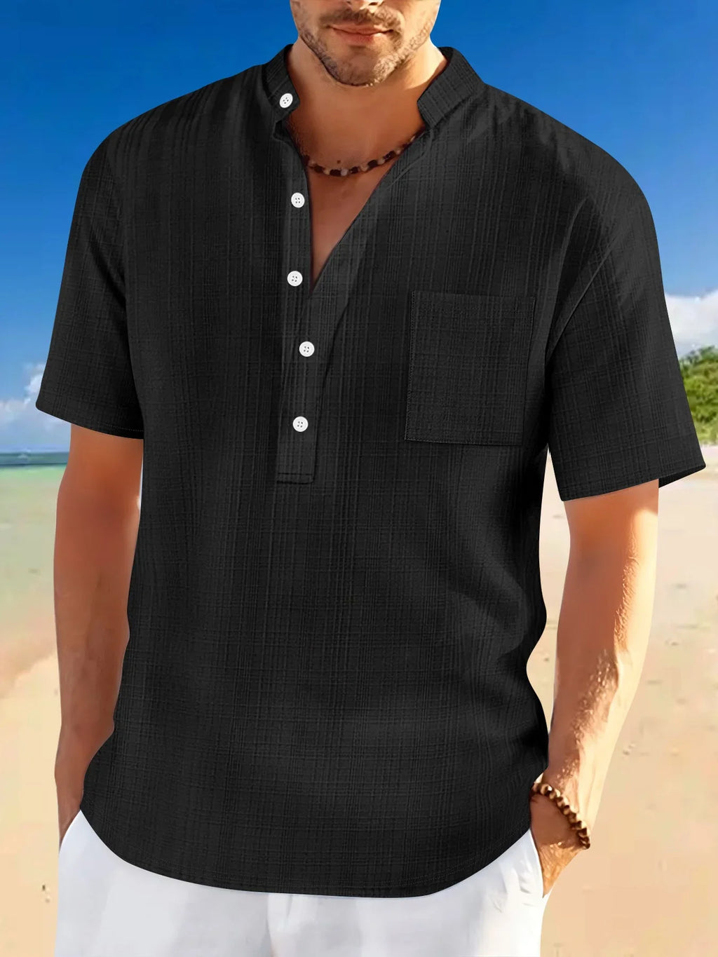 Stand Collar Short Sleeve Loose Leisure Vacation Henley Shirt - VAleG